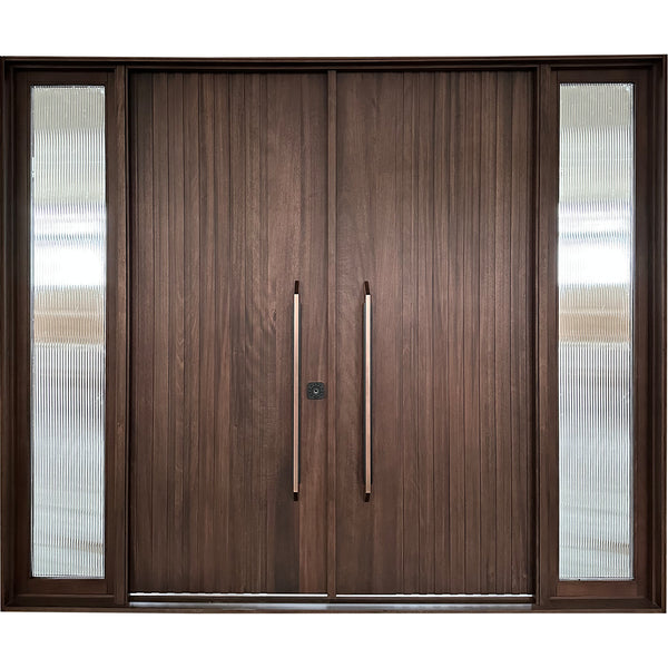 Flush Solid Wood Double Front Door with Sidelite