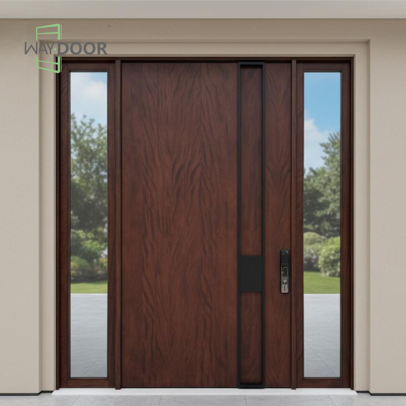 Solid Wood Pivot Door with Double Glass Sidelights