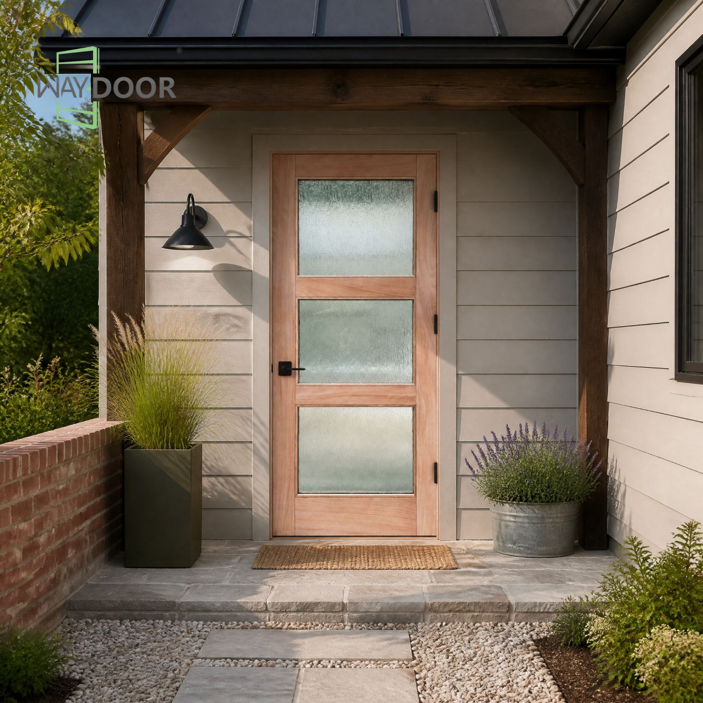 3-Lite Craftsman Rain Glass Unfinished Solid Wood Front Door