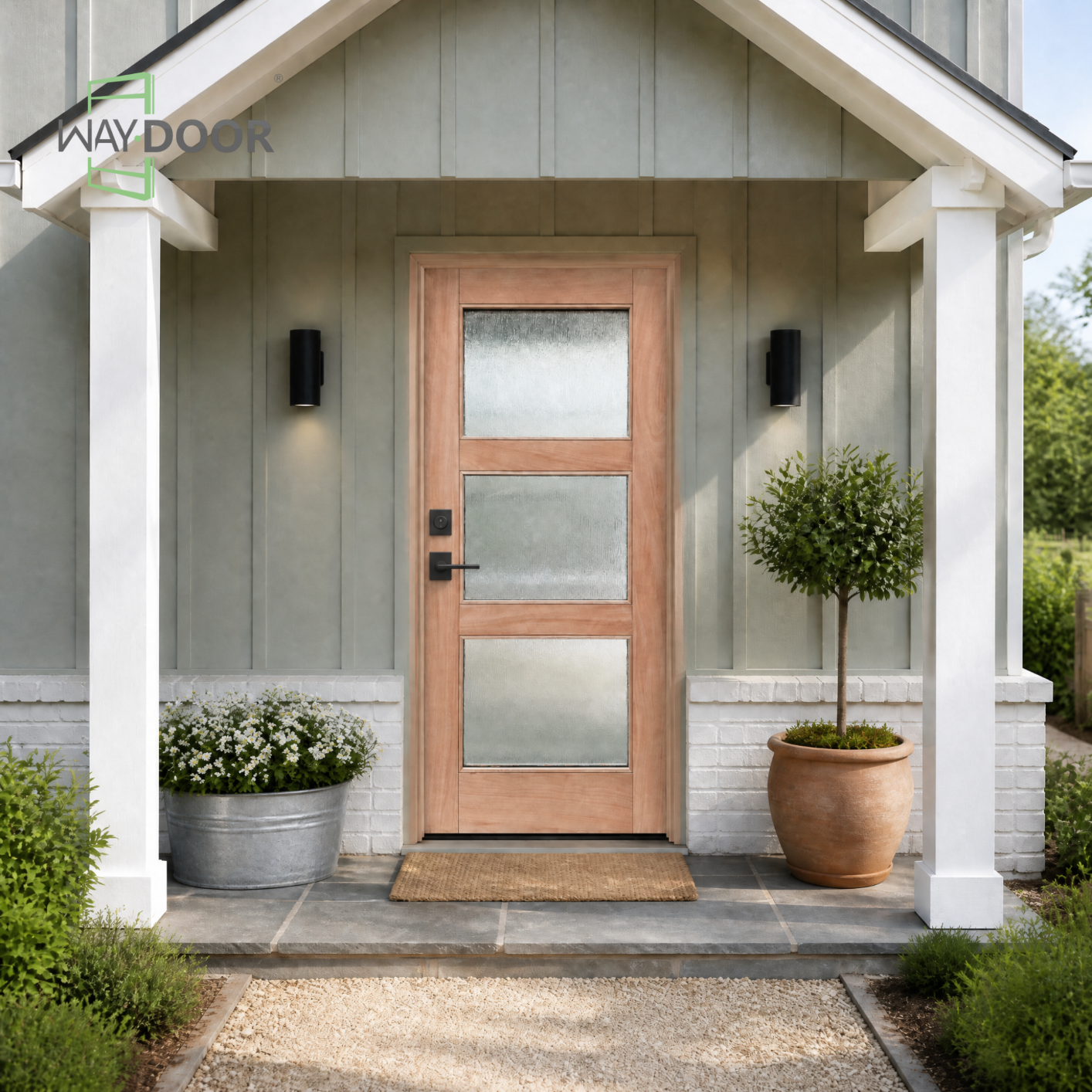 3-Lite Craftsman Rain Glass Unfinished Solid Wood Front Door