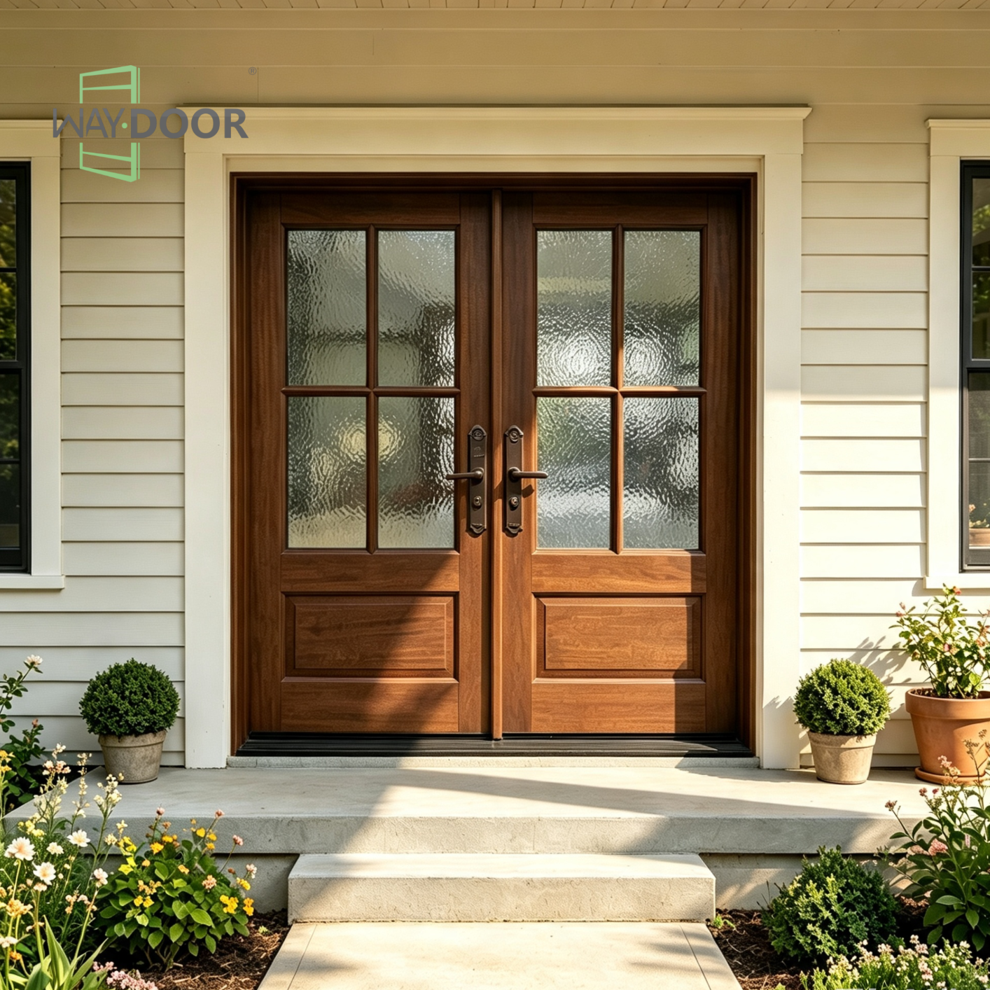 4-Lite Glass Solid Wood Double Entry Hinged Door