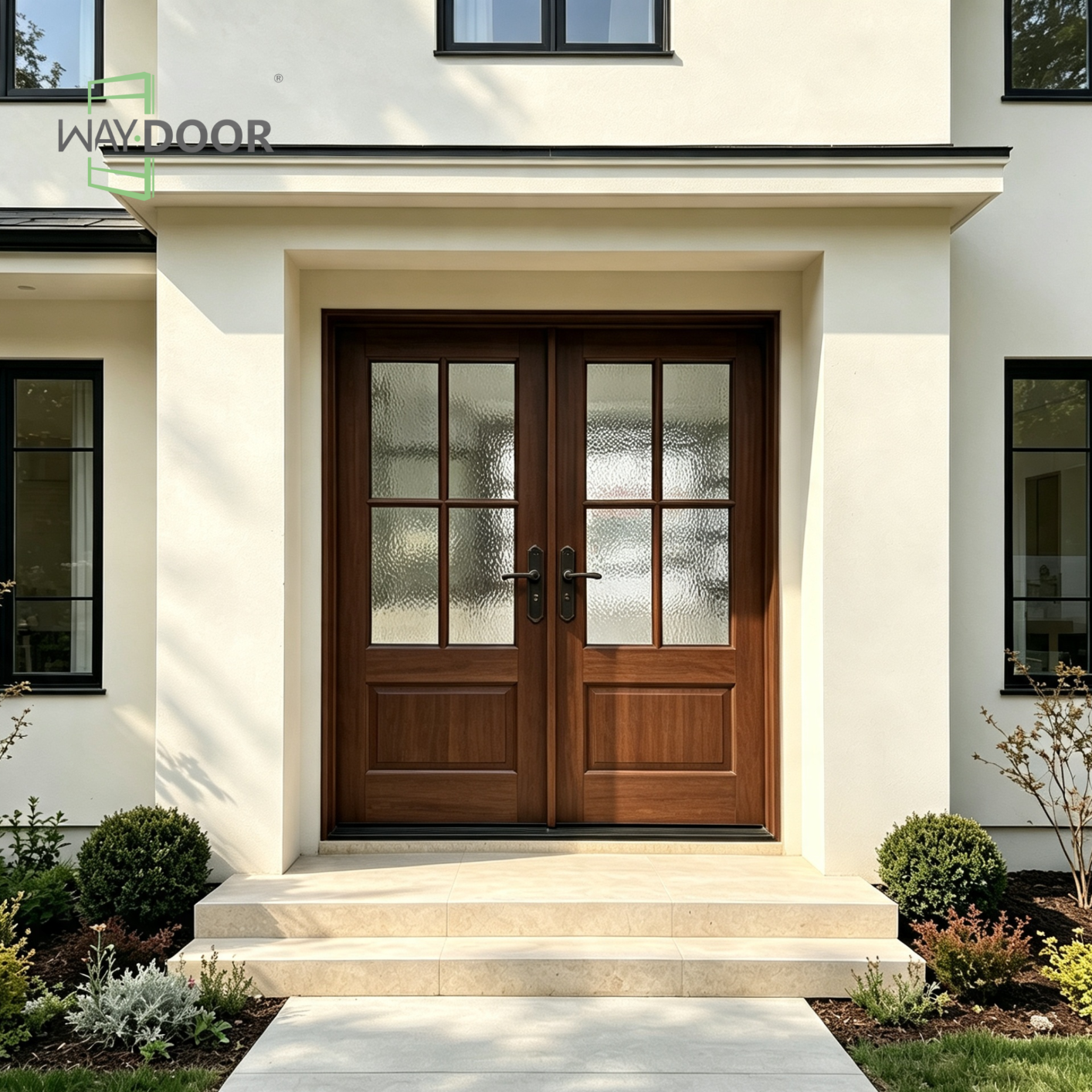 4-Lite Glass Solid Wood Double Entry Hinged Door