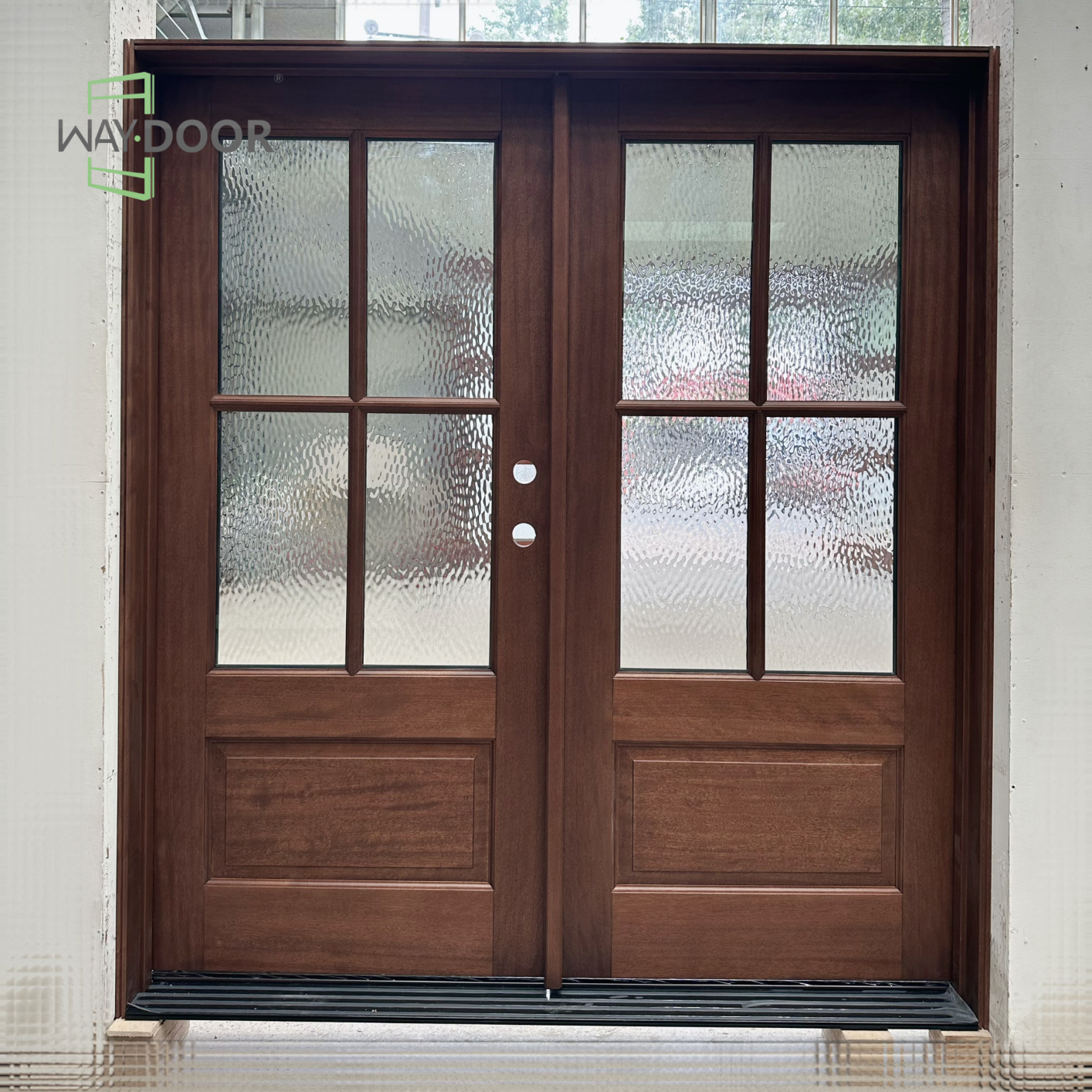 4-Lite Glass Solid Wood Double Entry Hinged Door