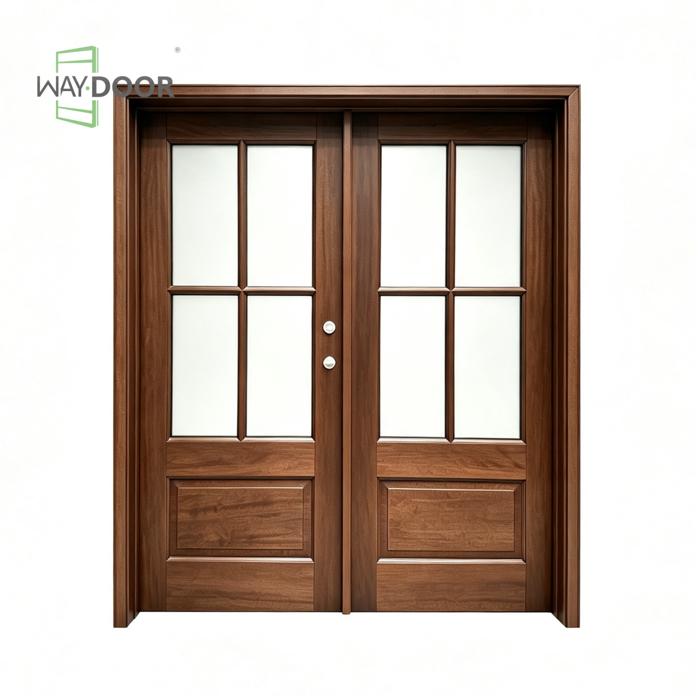 4-Lite Glass Solid Wood Double Entry Hinged Door