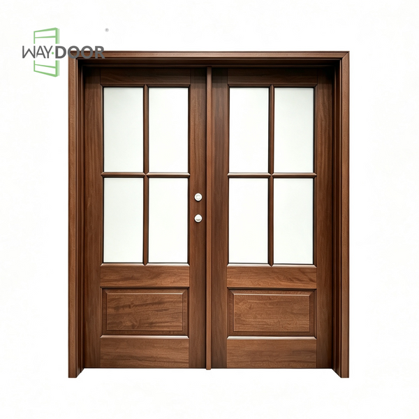 4-Lite Glass Solid Wood Double Entry Hinged Door