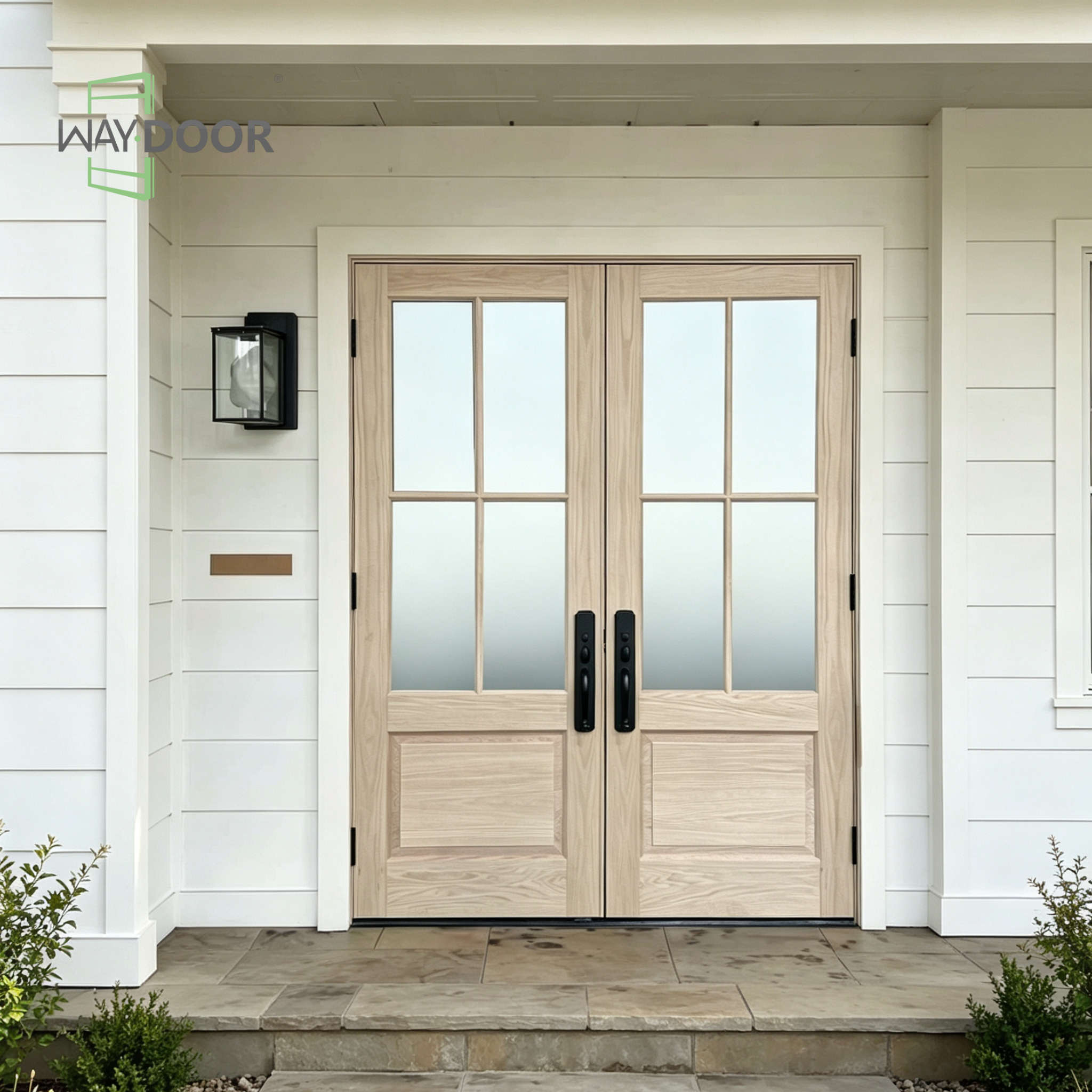 Modern Farmhouse Solid Wood Double Front Door with Frosted Glass
