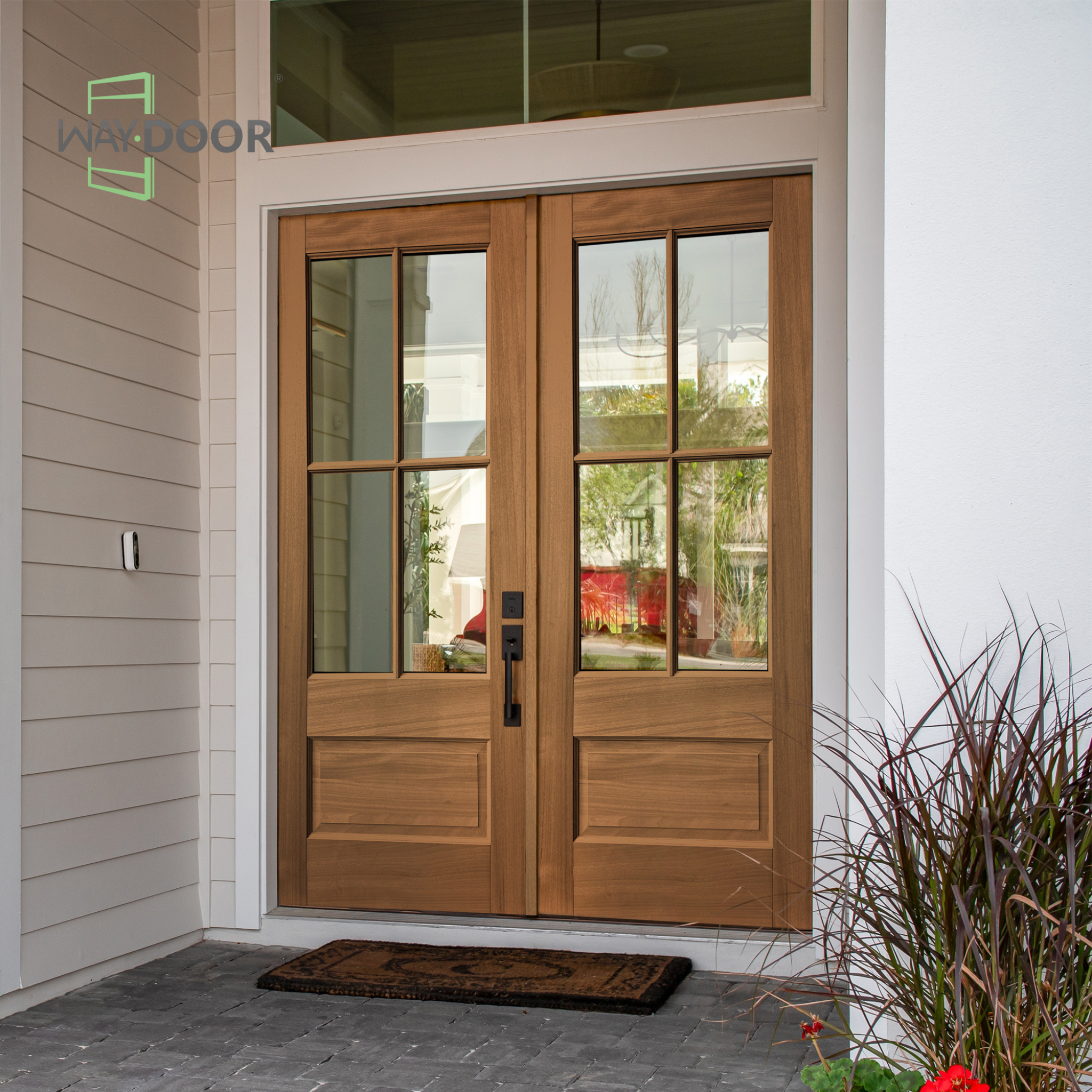 Transitional Solid Wood Double Front Door with Clear Glass