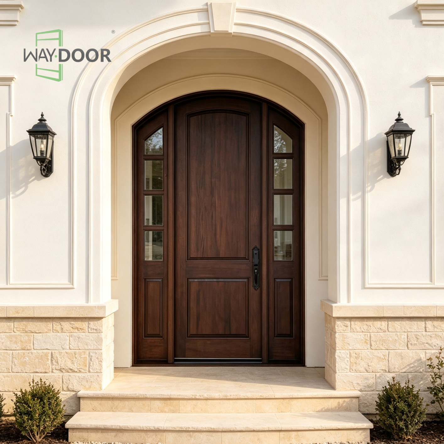 Arched 2-Panel Solid Wood Entry Door with Sidelights