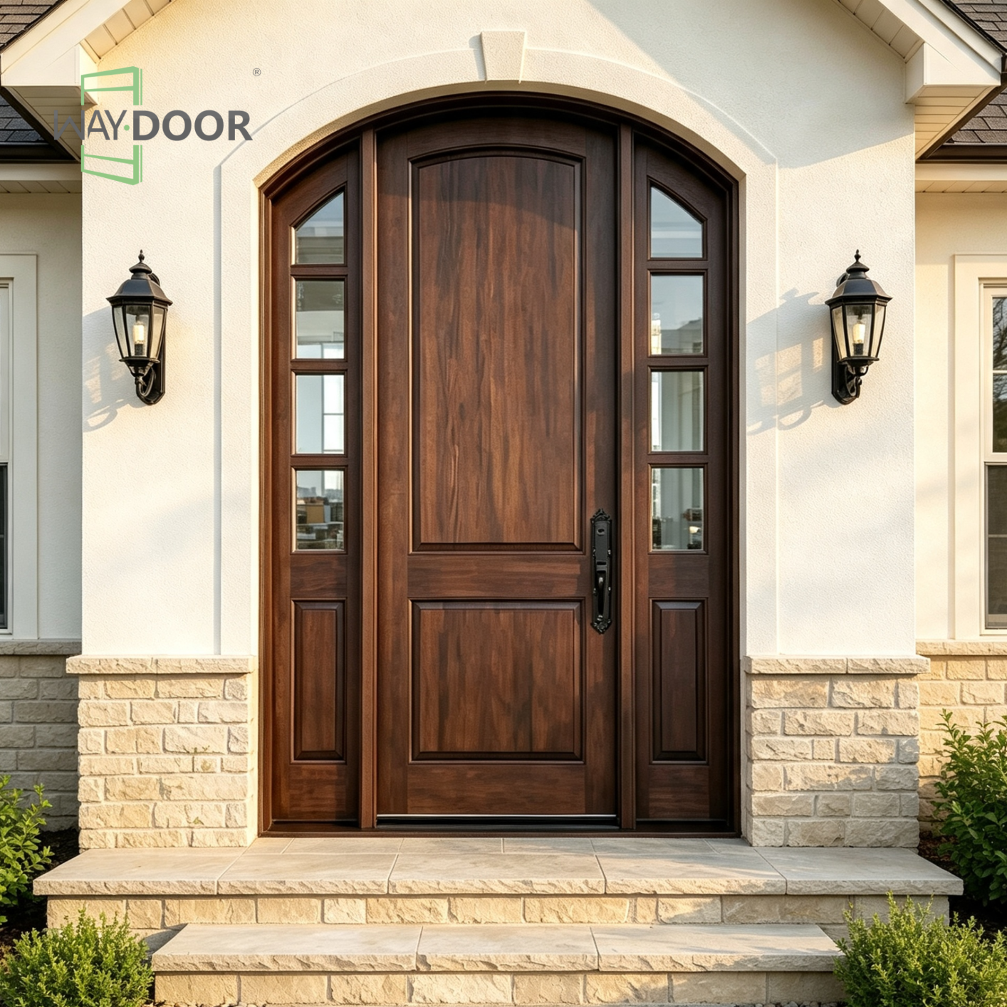 Arched 2-Panel Solid Wood Entry Door with Sidelights