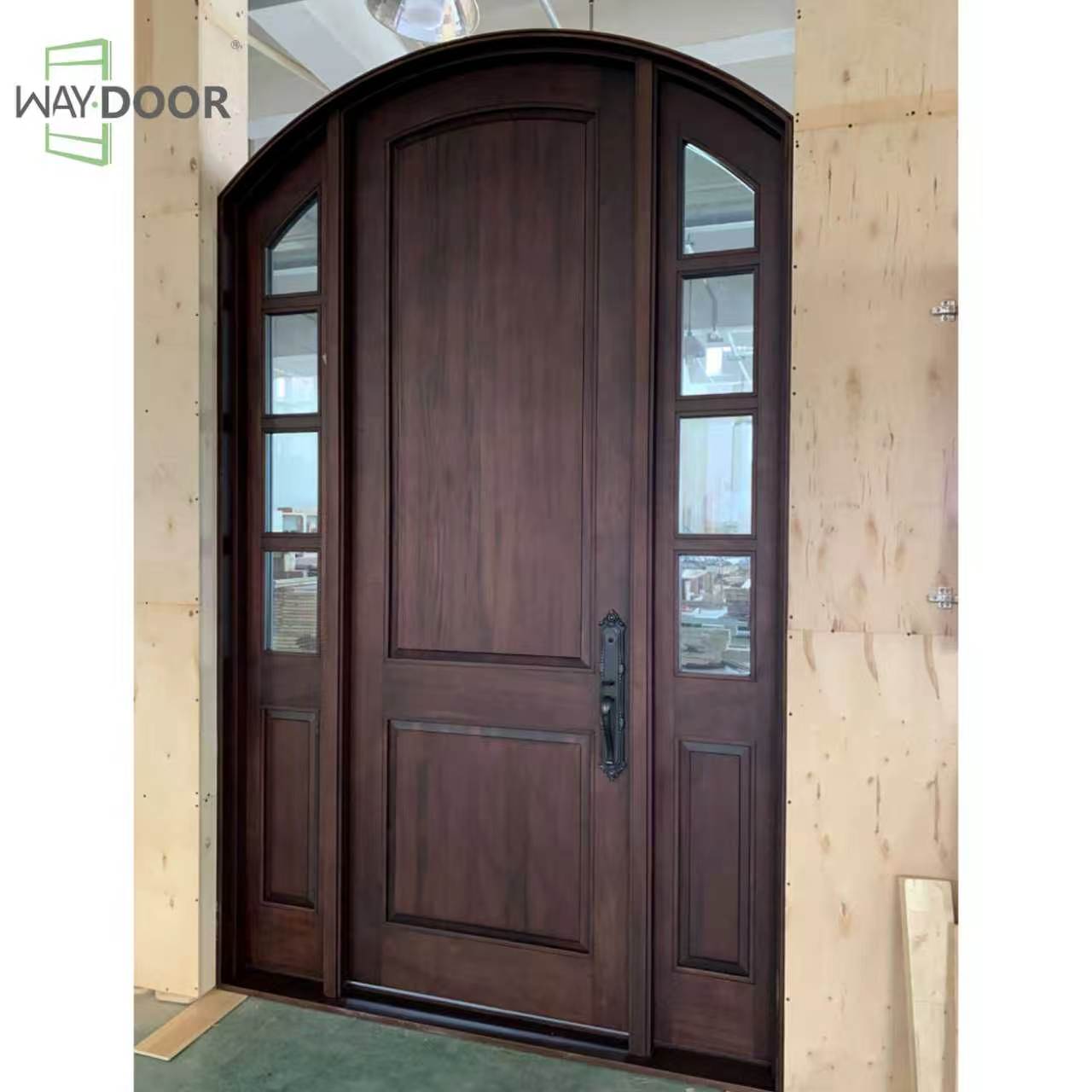 Arched 2-Panel Solid Wood Entry Door with Sidelights