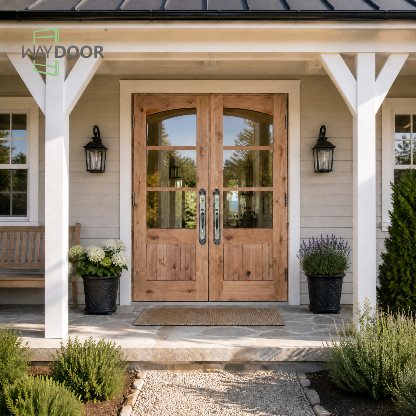 Arched 3-Lite Rustic Solid Wood Double Hinged Entry Door