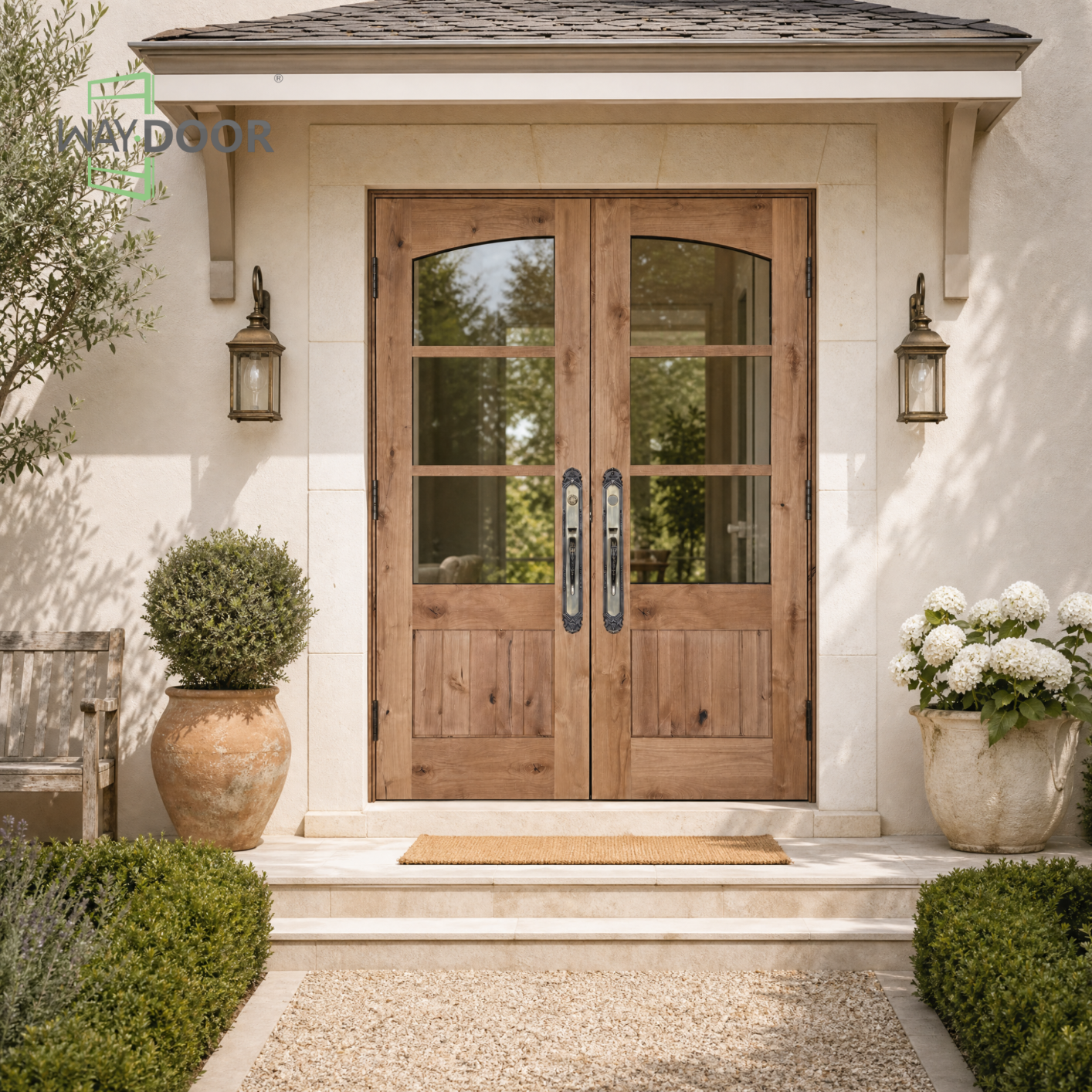 Arched 3-Lite Rustic Solid Wood Double Hinged Entry Door