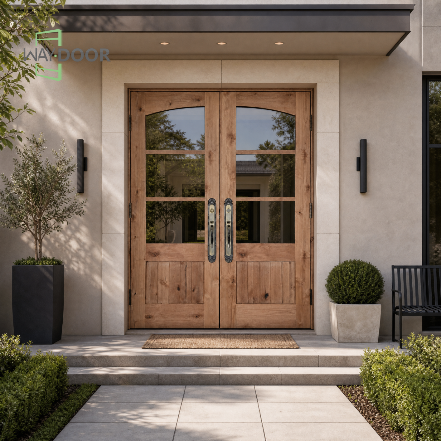 Arched 3-Lite Rustic Solid Wood Double Hinged Entry Door