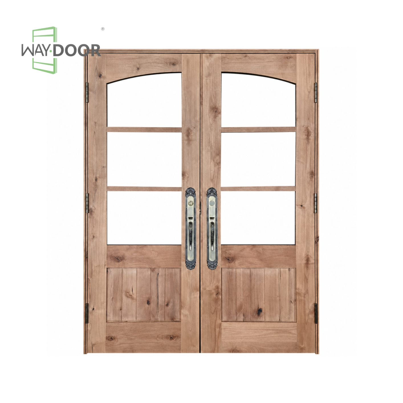 Arched 3-Lite Rustic Solid Wood Double Hinged Entry Door
