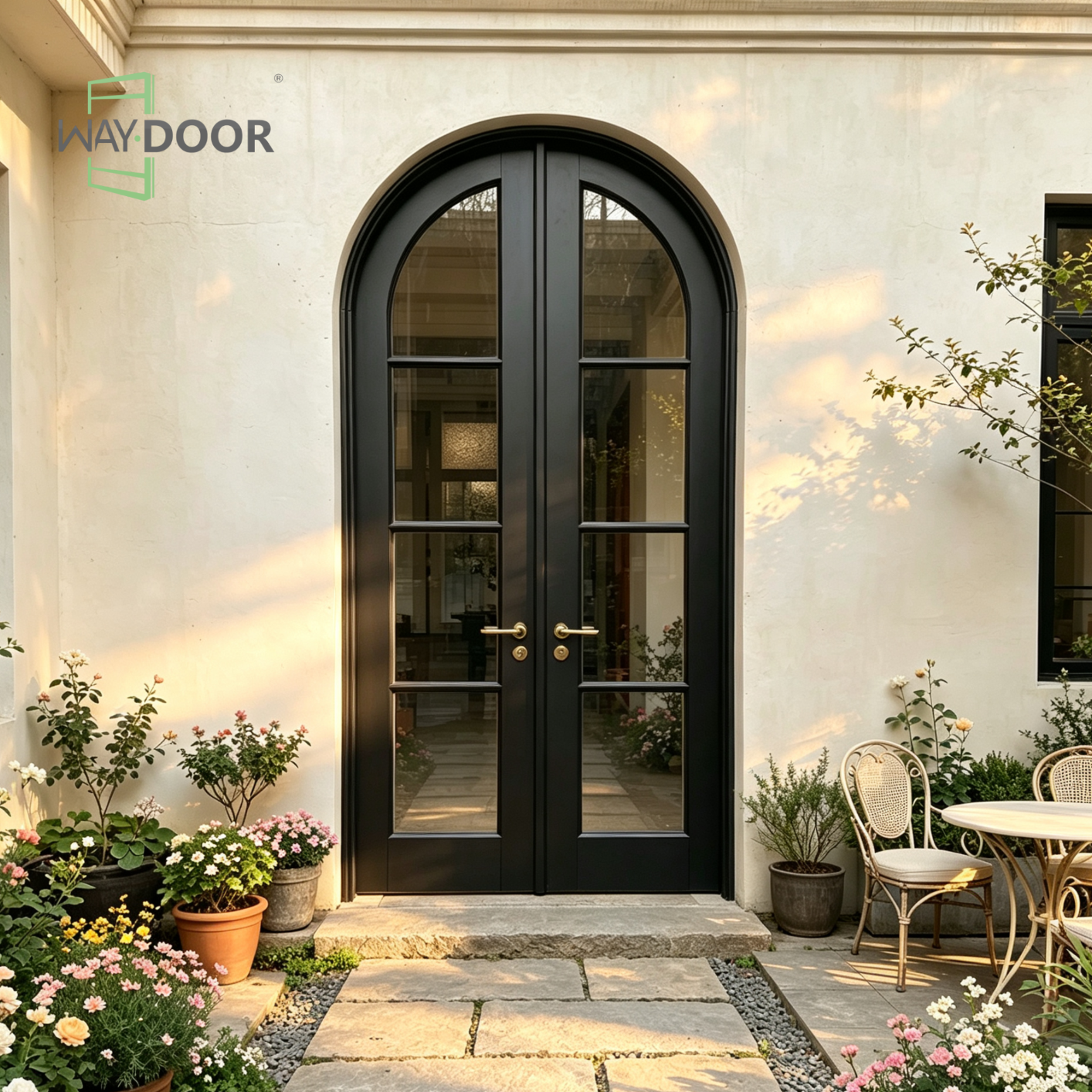 Arched Black Double Glass Solid Wood Entry Door