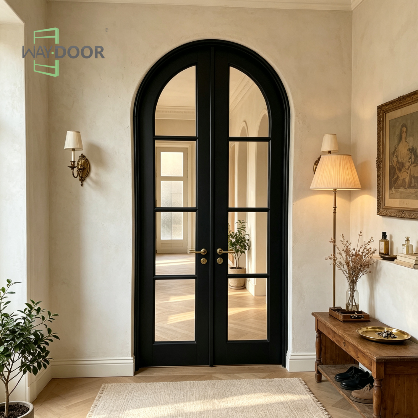Arched Black Double Glass Solid Wood Entry Door