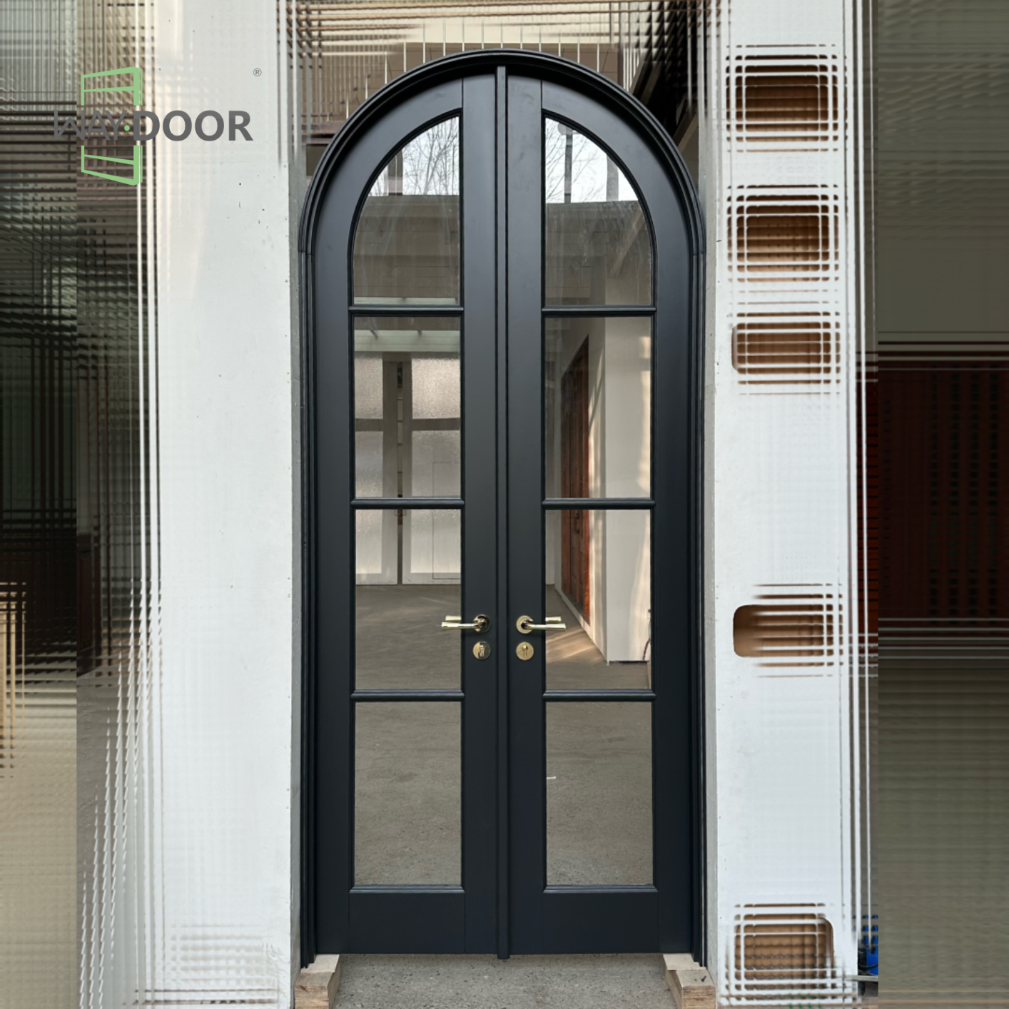 Arched Black Double Glass Solid Wood Entry Door