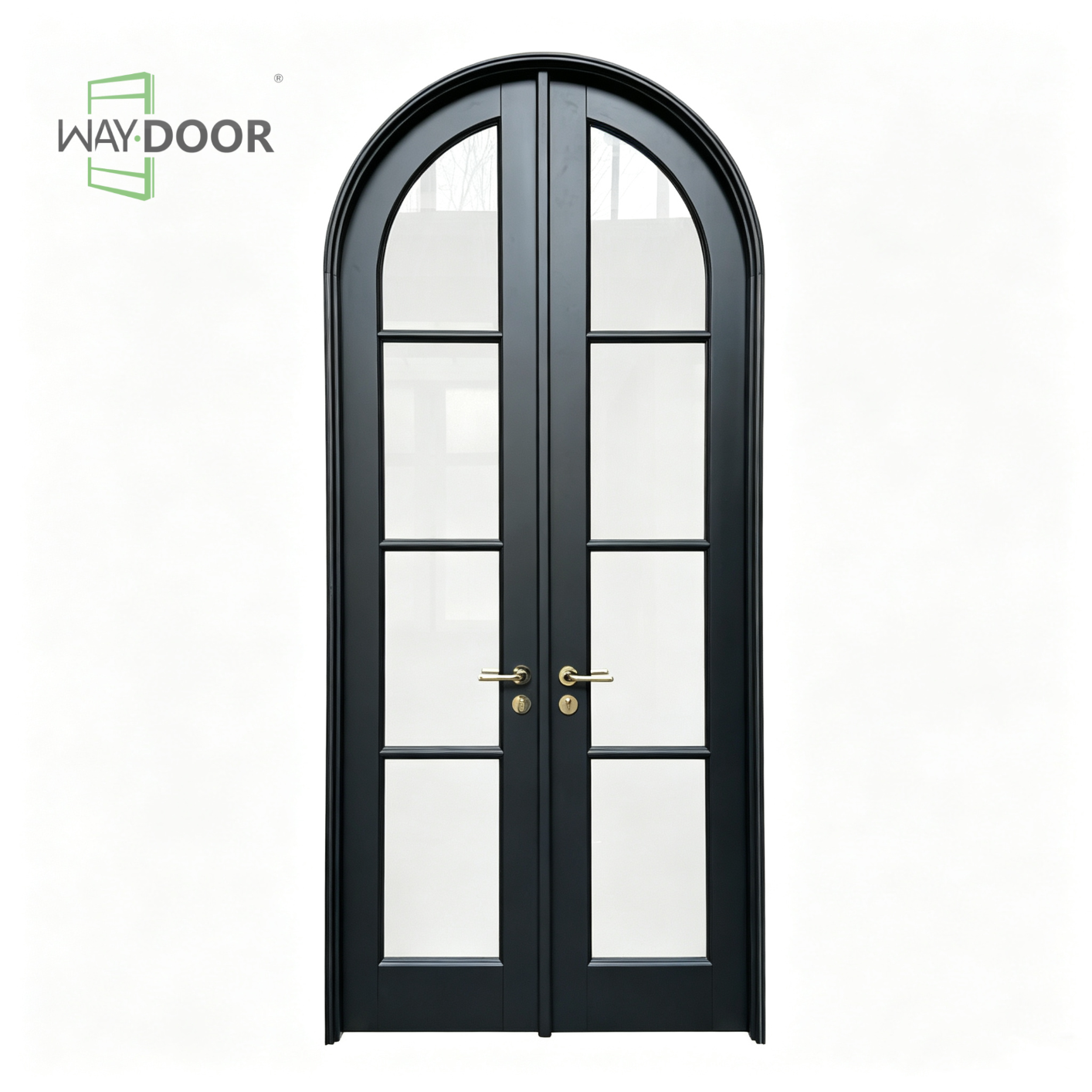 Arched Black Double Glass Solid Wood Entry Door