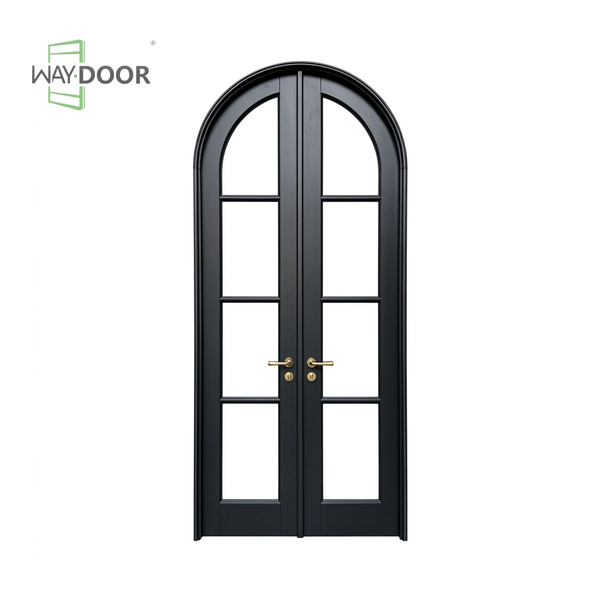 Arched Black Double Glass Solid Wood Entry Door