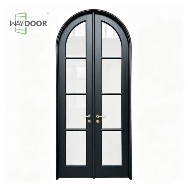 Arched Black Double Glass Solid Wood Entry Door