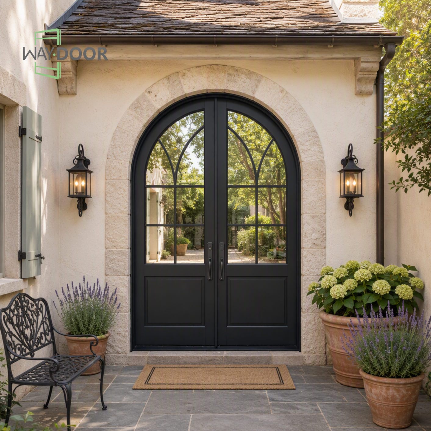 Arched Cathedral Grid Solid Wood Double Entry Door
