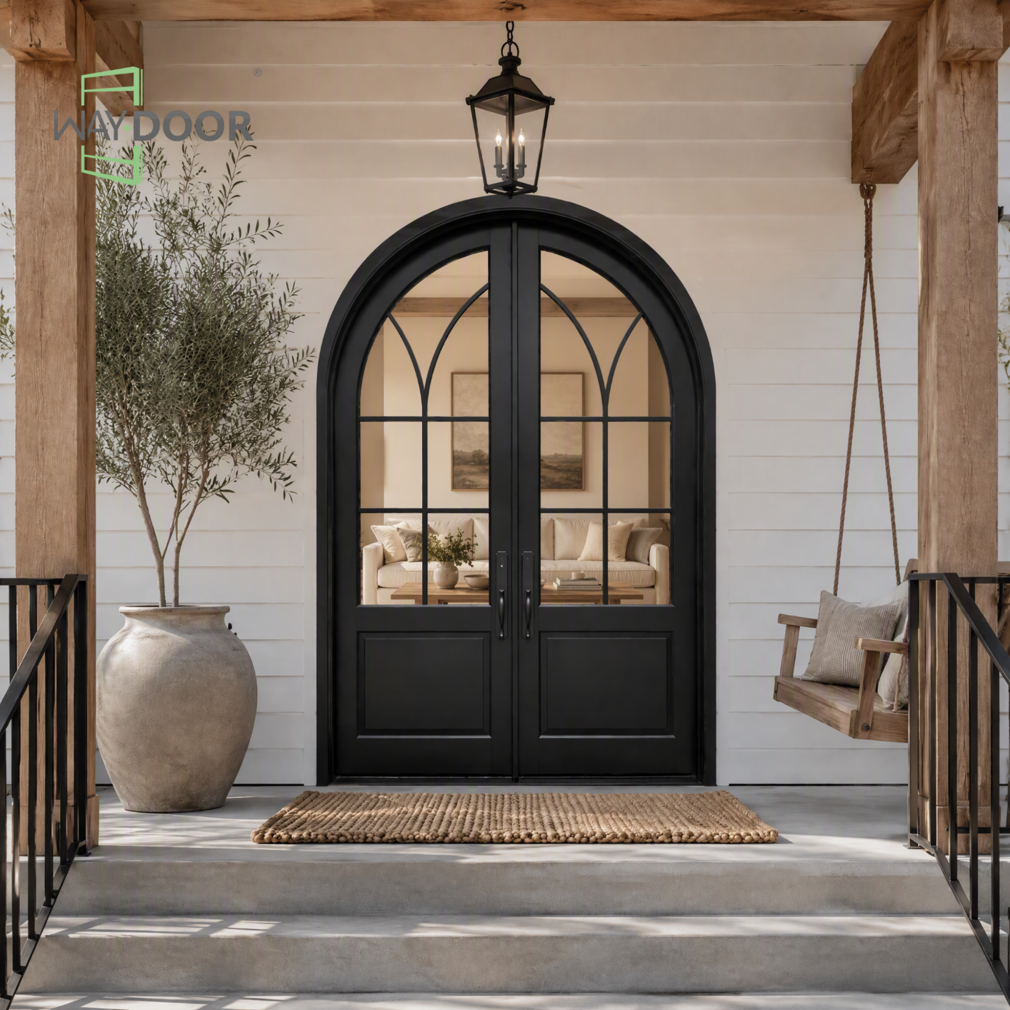 Arched Cathedral Grid Solid Wood Double Entry Door