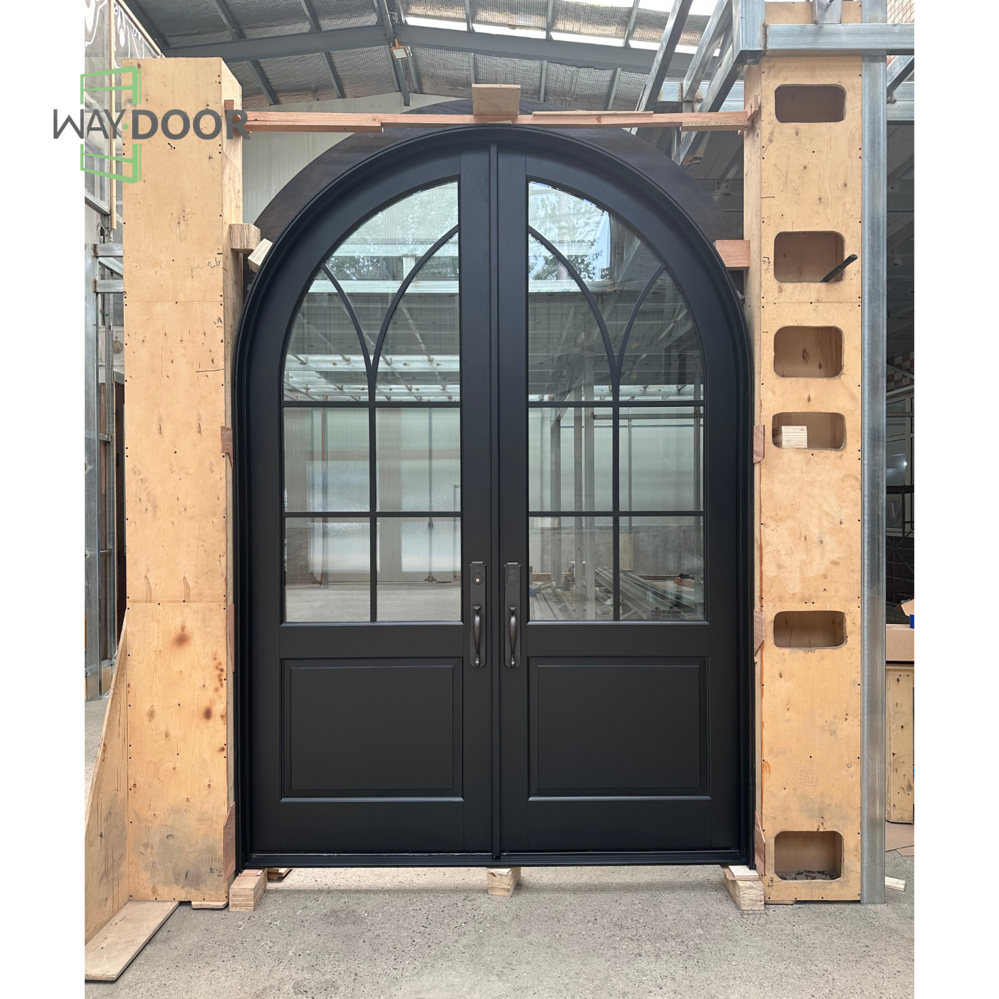 Arched Cathedral Grid Solid Wood Double Entry Door