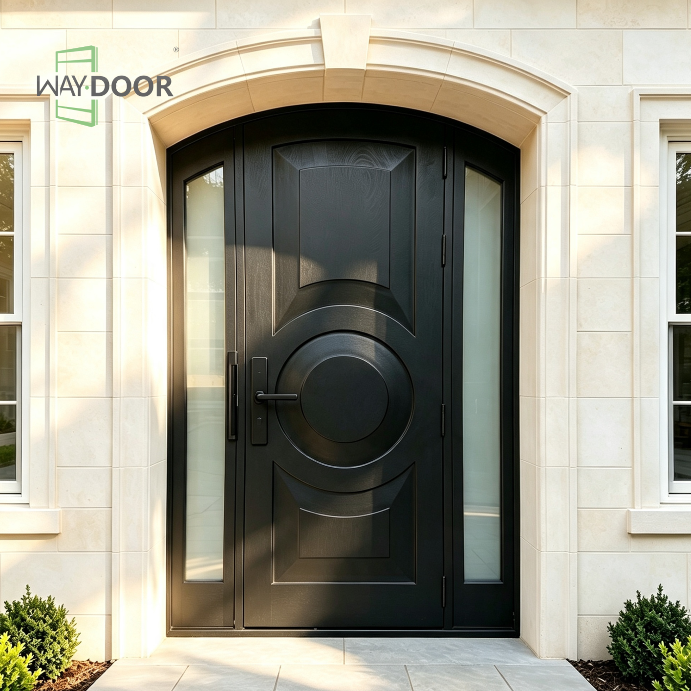 Arched Circle Solid Wood Entry Door With Dual Frosted Sidelites