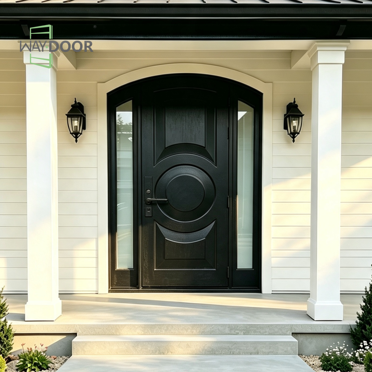 Arched Circle Solid Wood Entry Door With Dual Frosted Sidelites