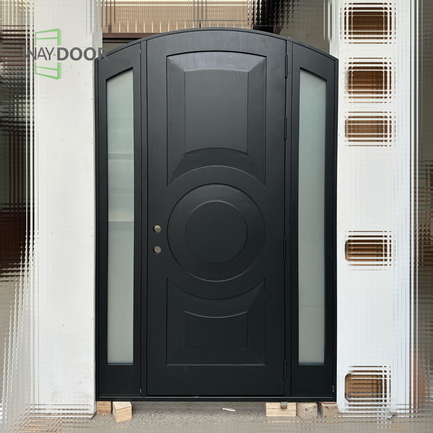 Arched Circle Solid Wood Entry Door With Dual Frosted Sidelites