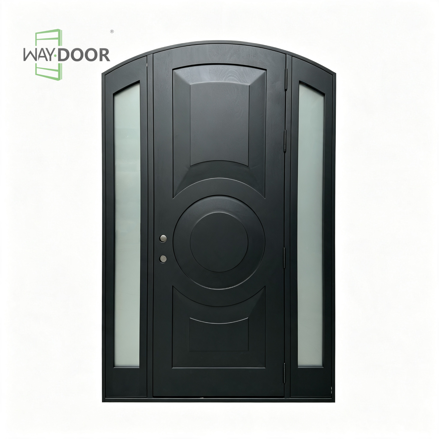 Arched Circle Solid Wood Entry Door With Dual Frosted Sidelites