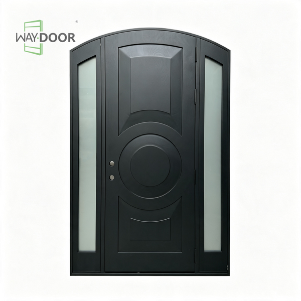 Arched Circle Solid Wood Entry Door With Dual Frosted Sidelites