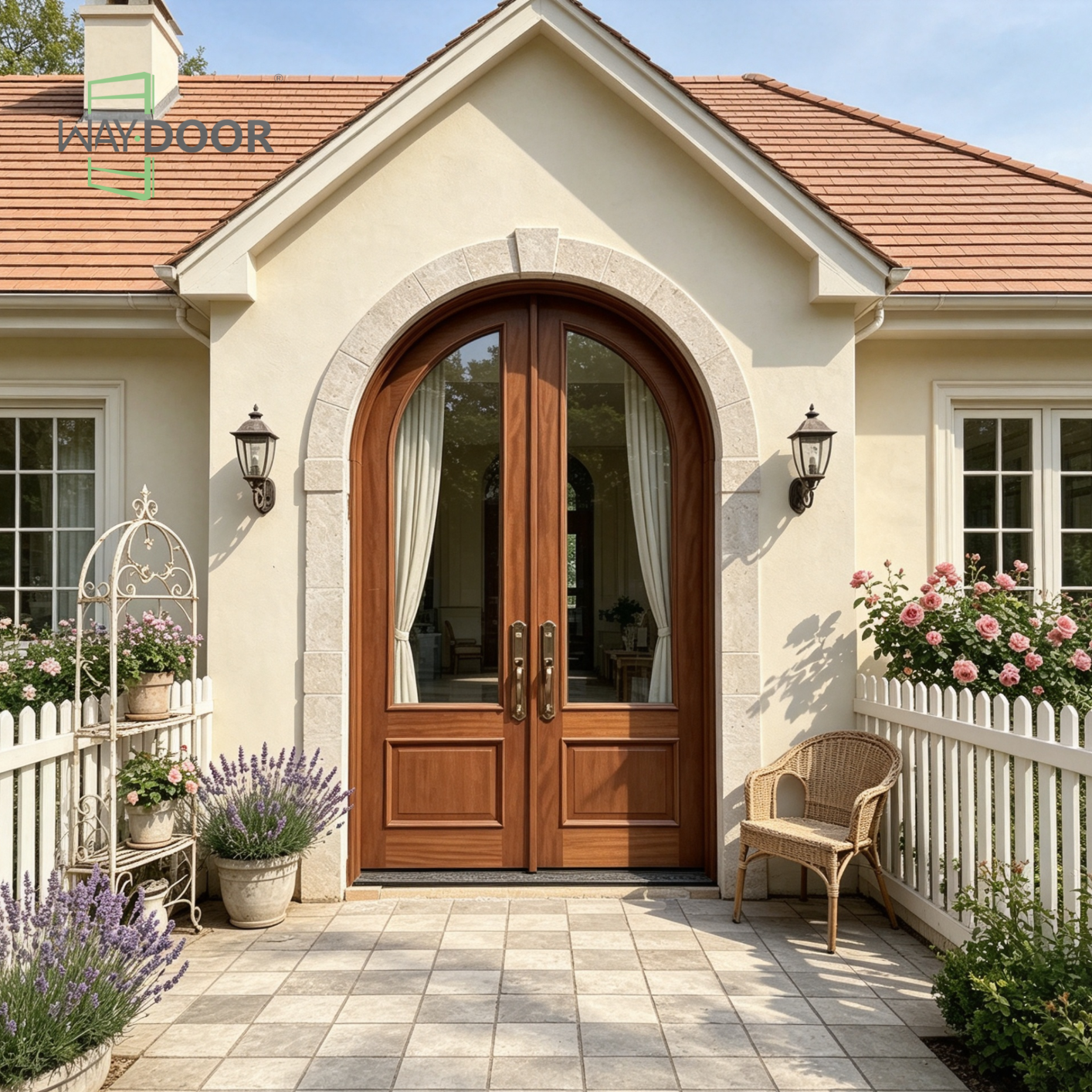 Arched Clear Glass Solid Wood Double Hinged Entry Door