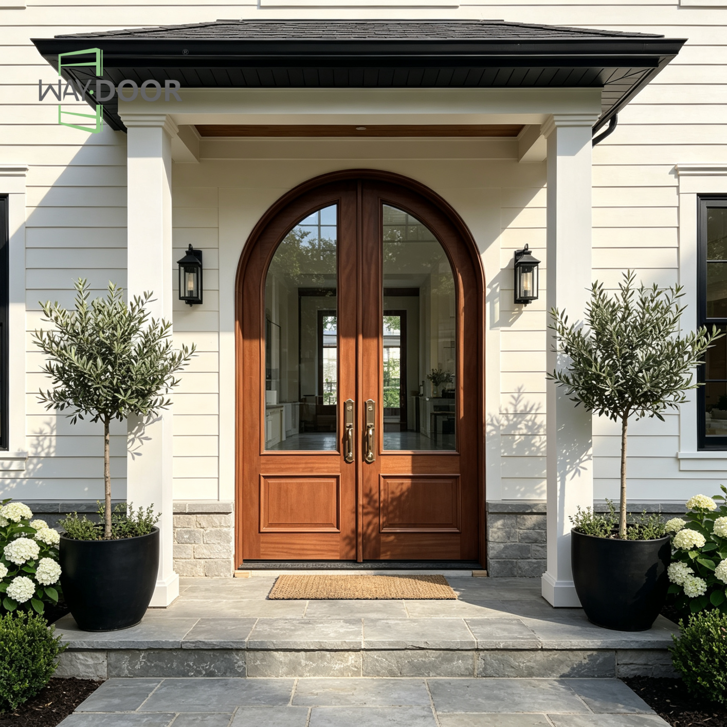 Arched Clear Glass Solid Wood Double Hinged Entry Door