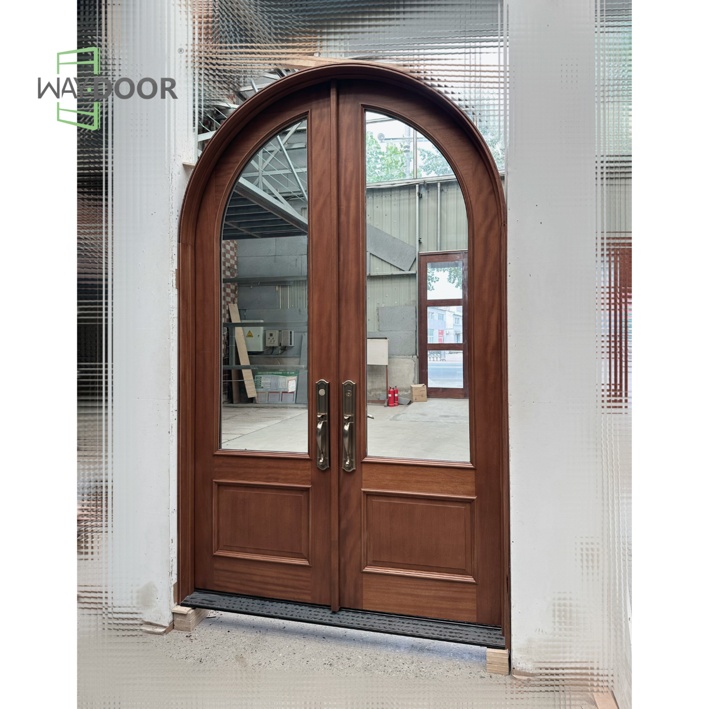 Arched Clear Glass Solid Wood Double Hinged Entry Door