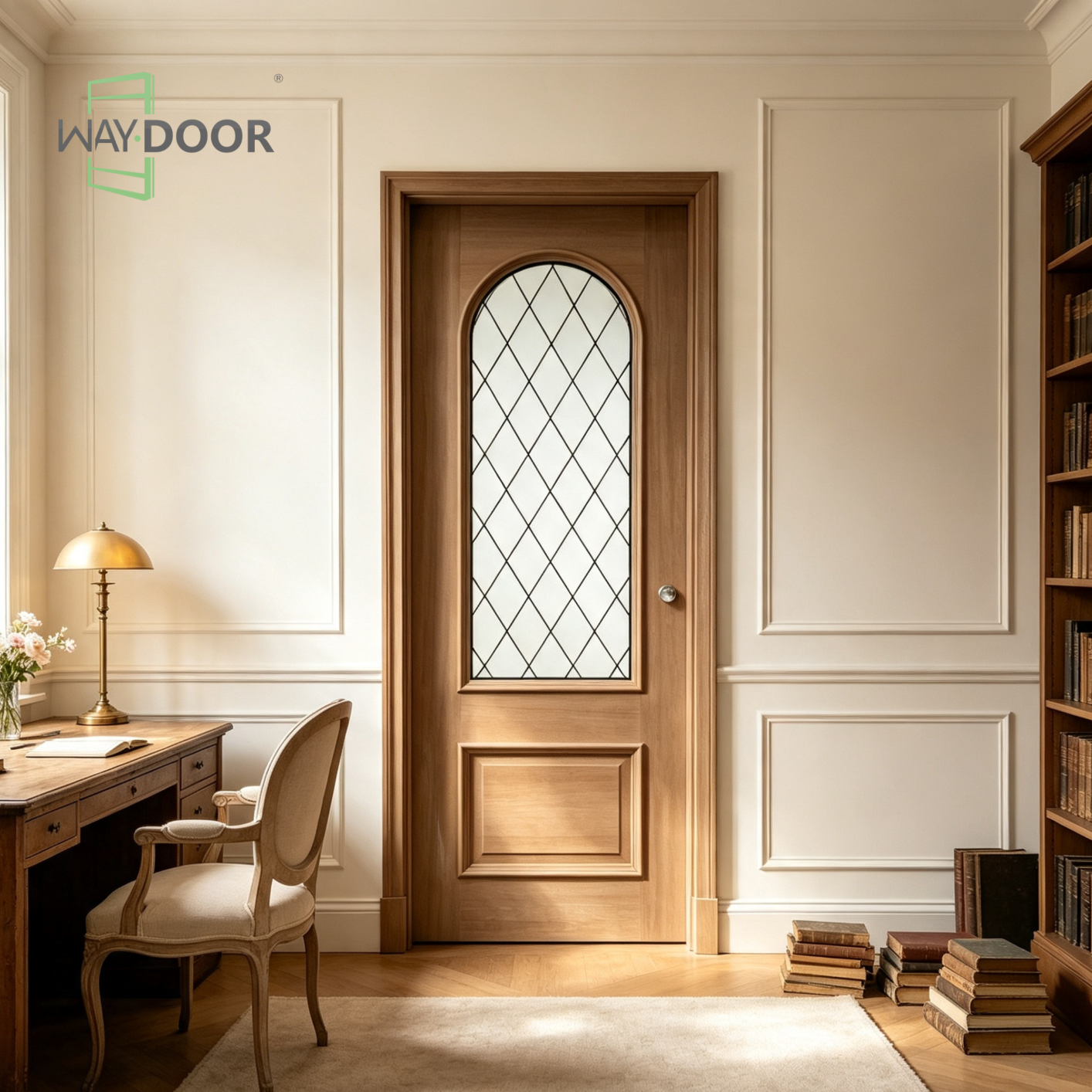 Arched Diamond Grille Glass Solid Wood Interior Door