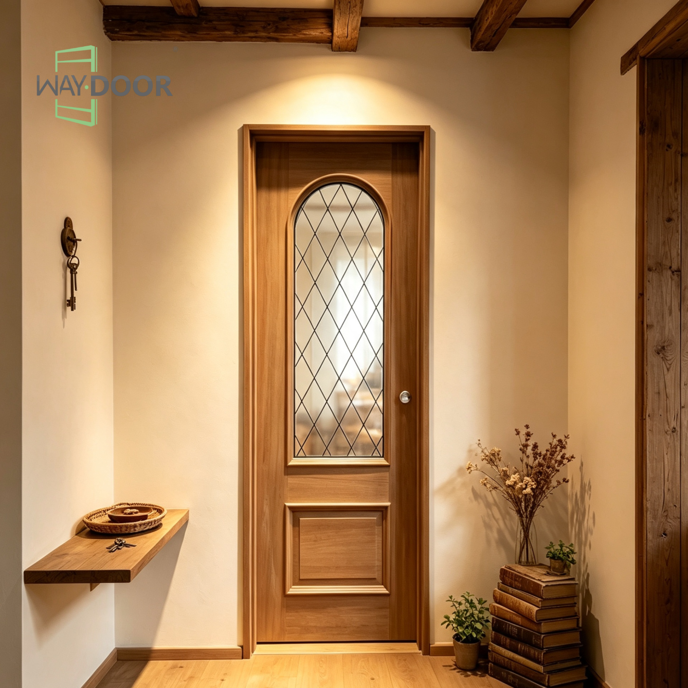 Arched Diamond Grille Glass Solid Wood Interior Door