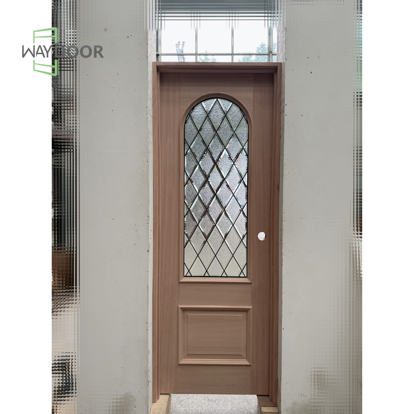 Arched Diamond Grille Glass Solid Wood Interior Door