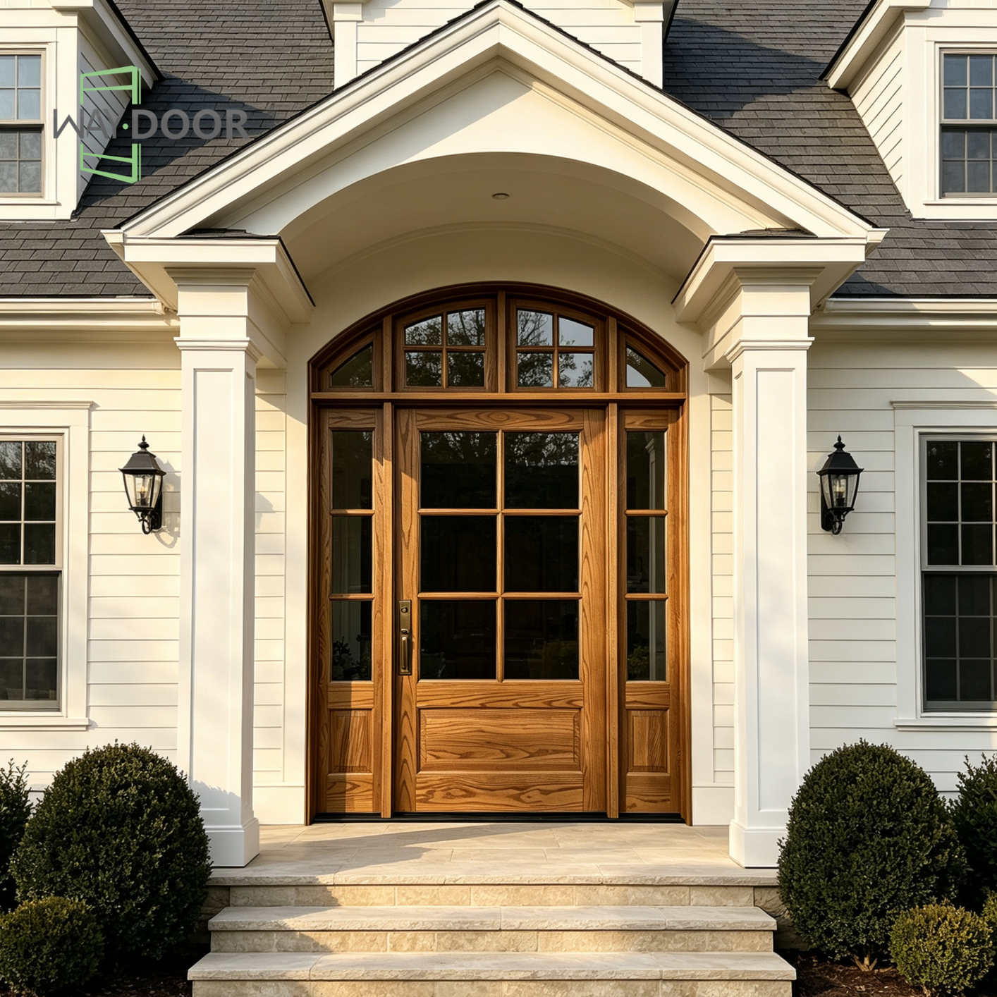 Arched Divided Lite Solid Wood Hinged Entry Door with Sidelights & Transom