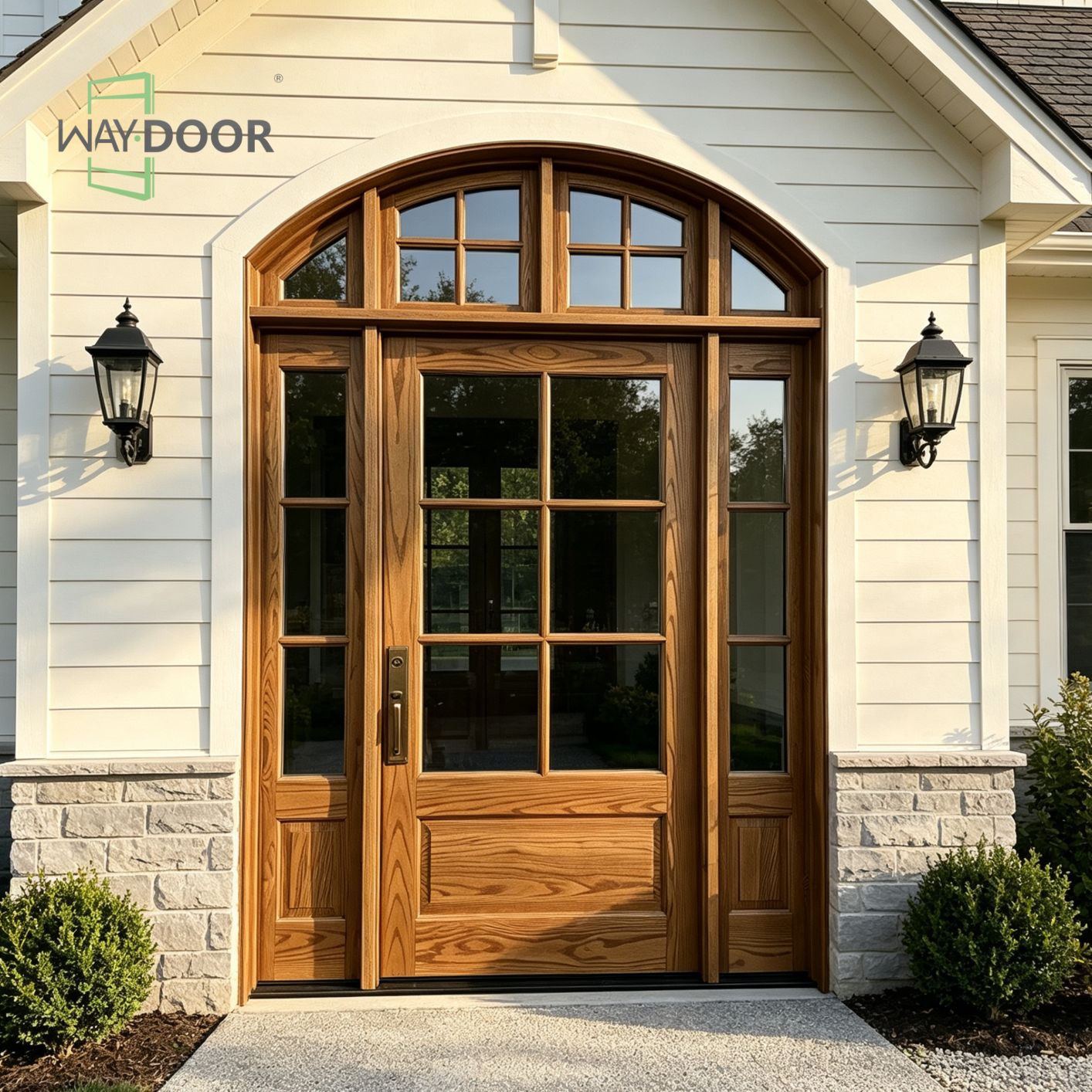 Arched Divided Lite Solid Wood Hinged Entry Door with Sidelights & Transom