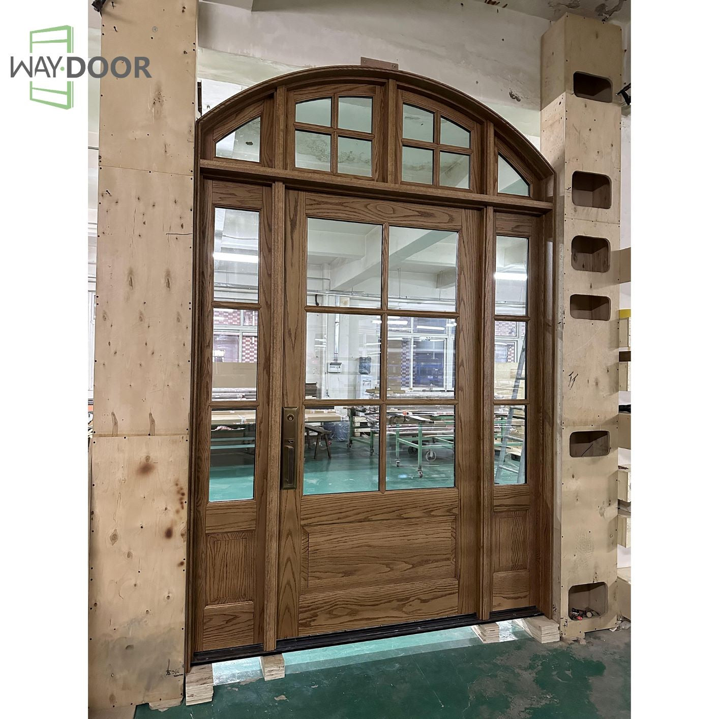 Arched Divided Lite Solid Wood Hinged Entry Door with Sidelights & Transom