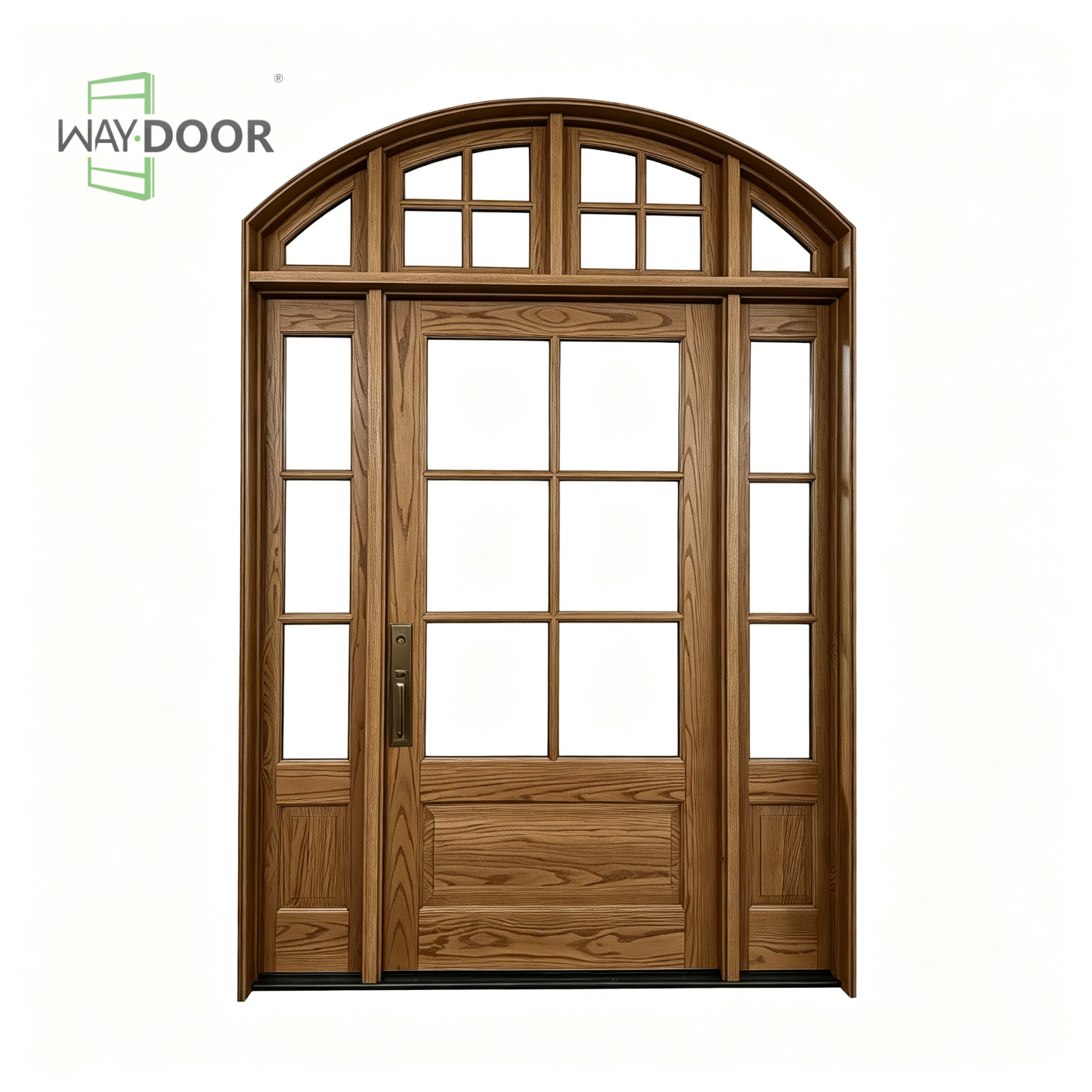 Arched Divided Lite Solid Wood Hinged Entry Door with Sidelights & Transom