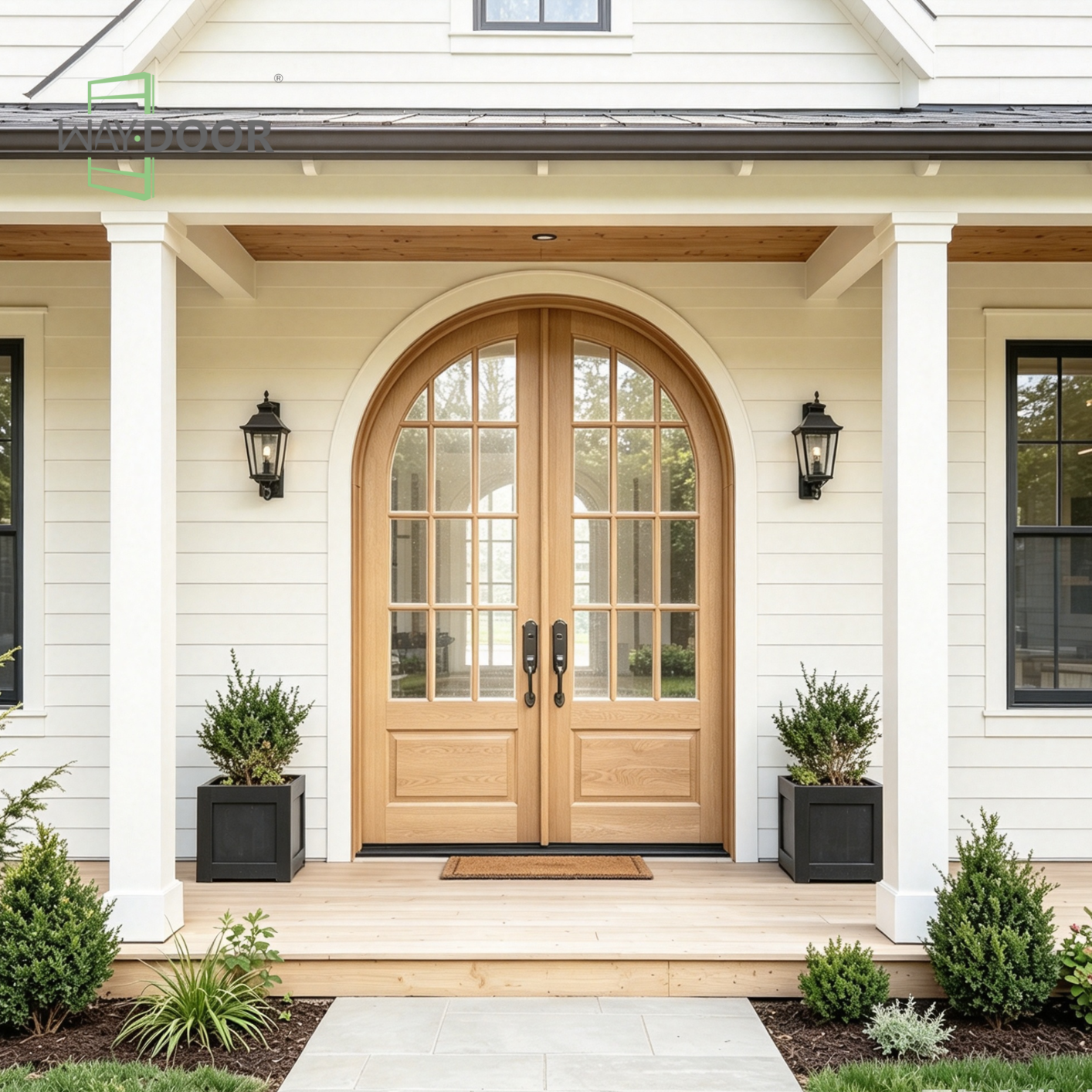 Arched Double Solid Wood Hinged Entry Door with Grille Glass