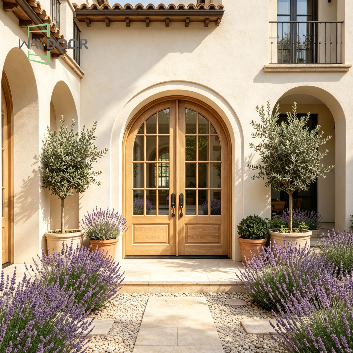 Arched Double Solid Wood Hinged Entry Door with Grille Glass