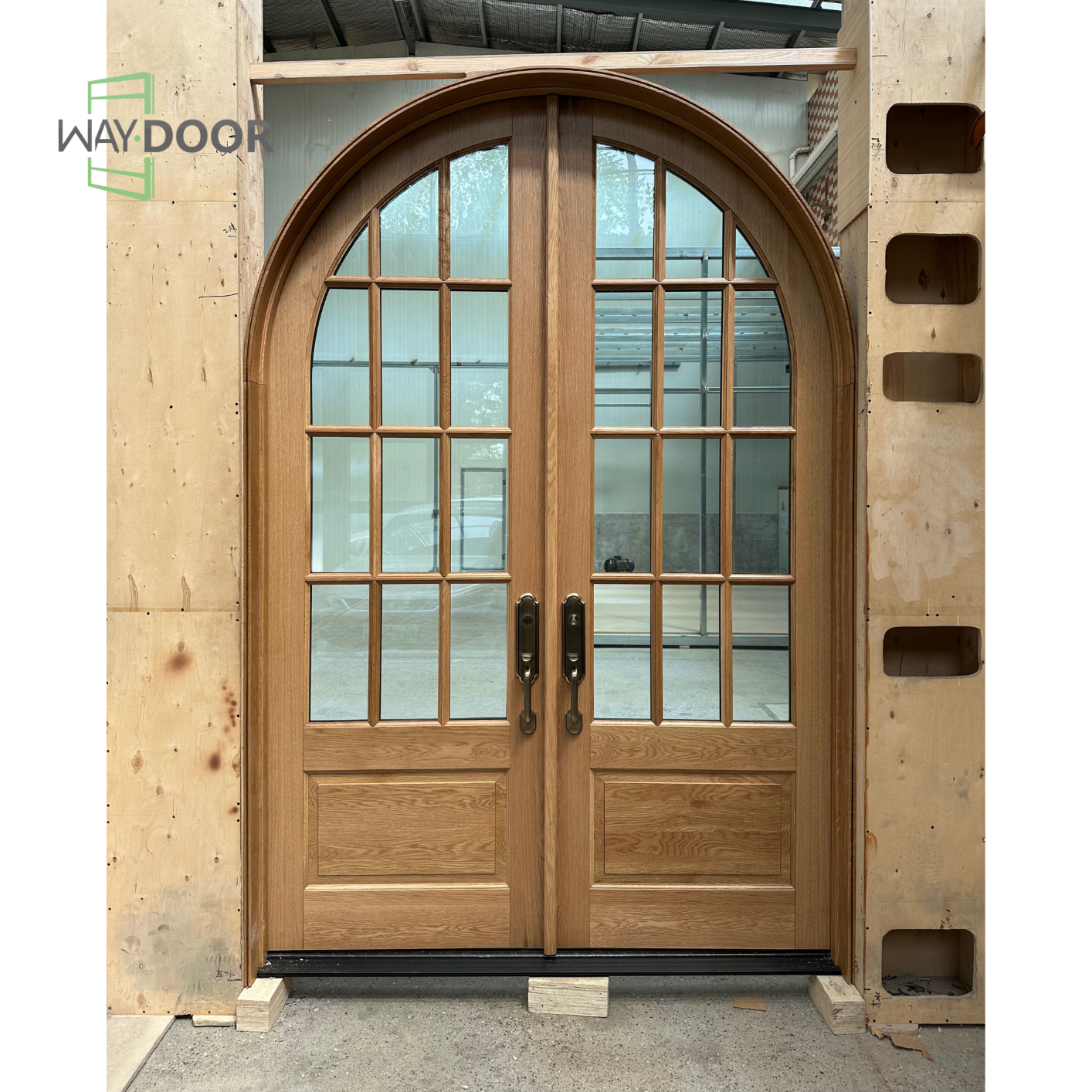 Arched Double Solid Wood Hinged Entry Door with Grille Glass