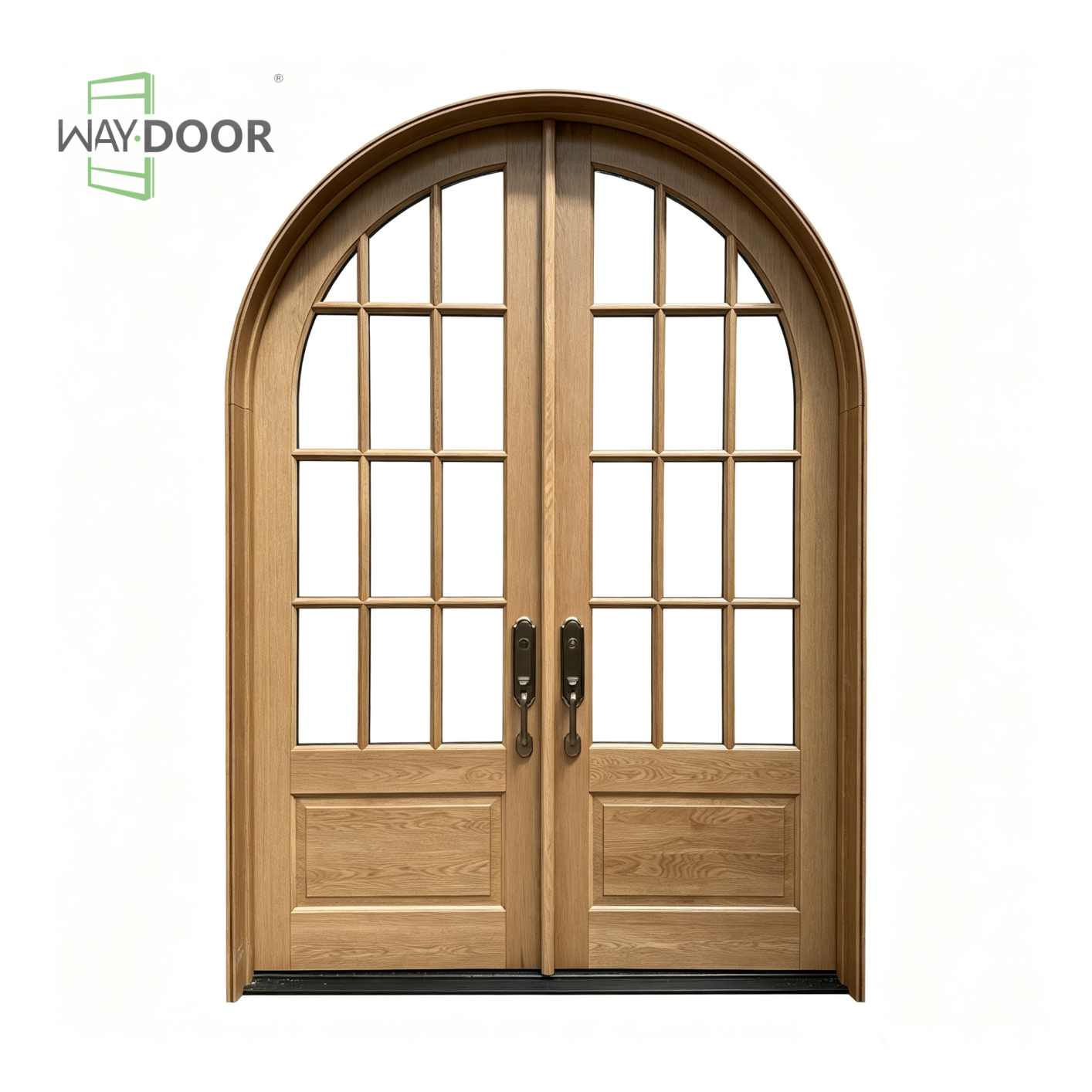 Arched Double Solid Wood Hinged Entry Door with Grille Glass