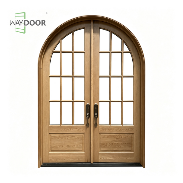 Arched Double Solid Wood Hinged Entry Door with Grille Glass