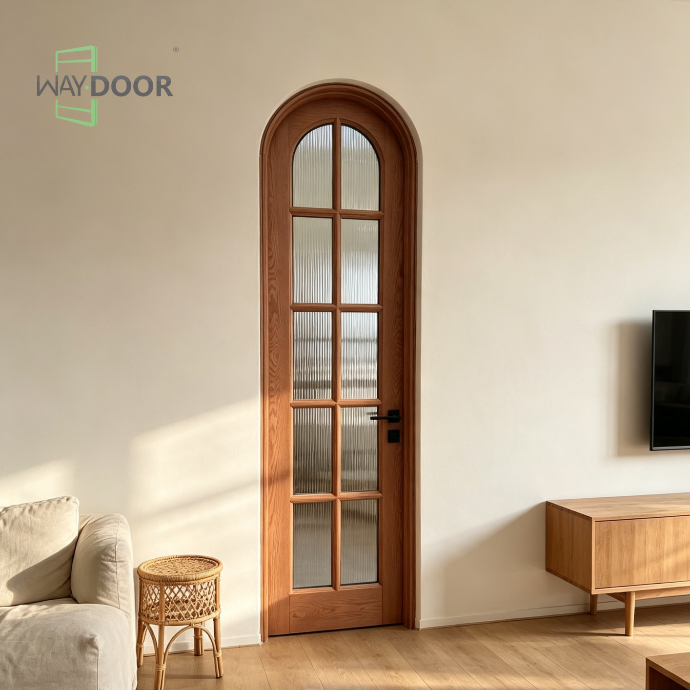Arched Fluted Glass Solid Wood Interior Hinge Door