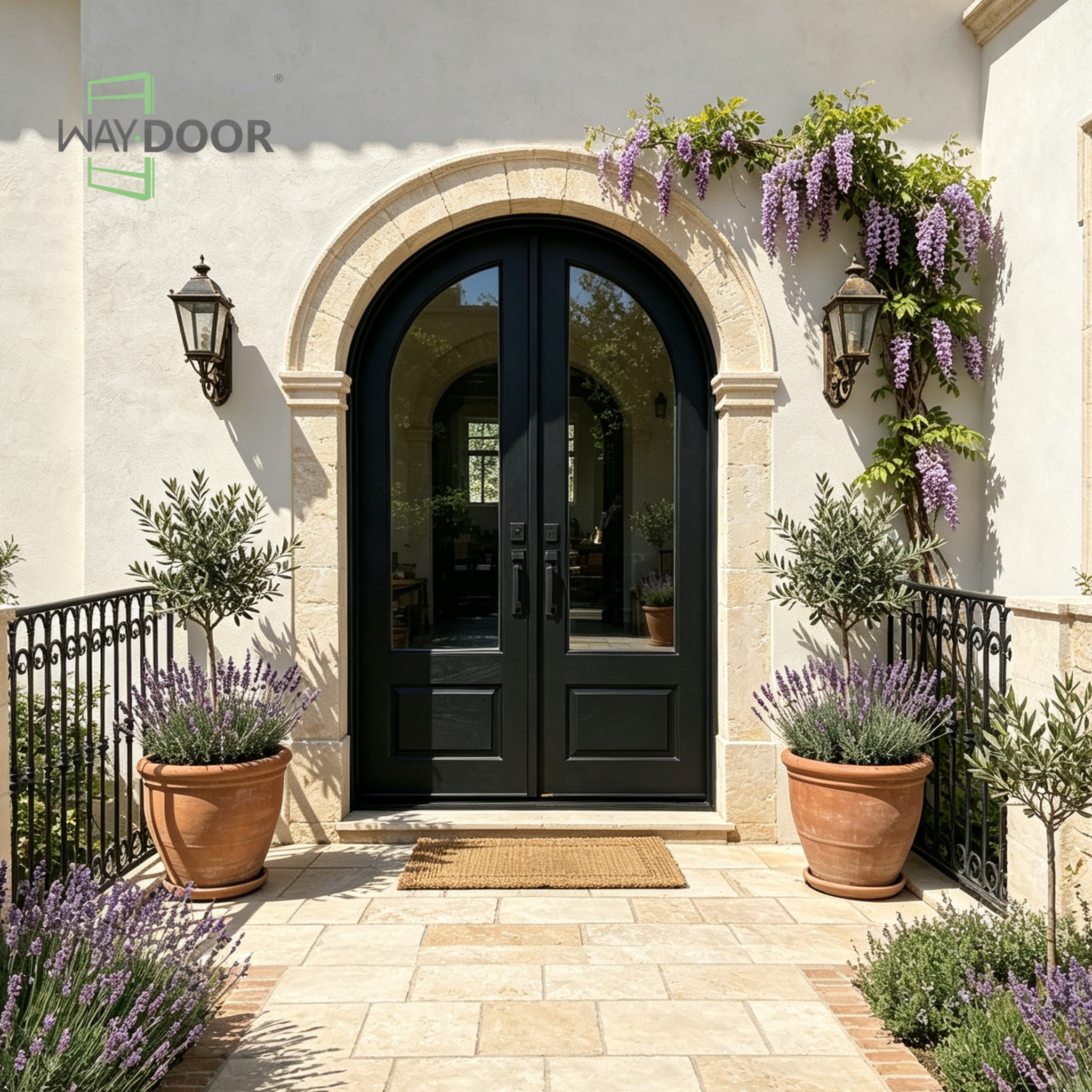 Arched French Country Solid Wood Double Hinged Entry Door