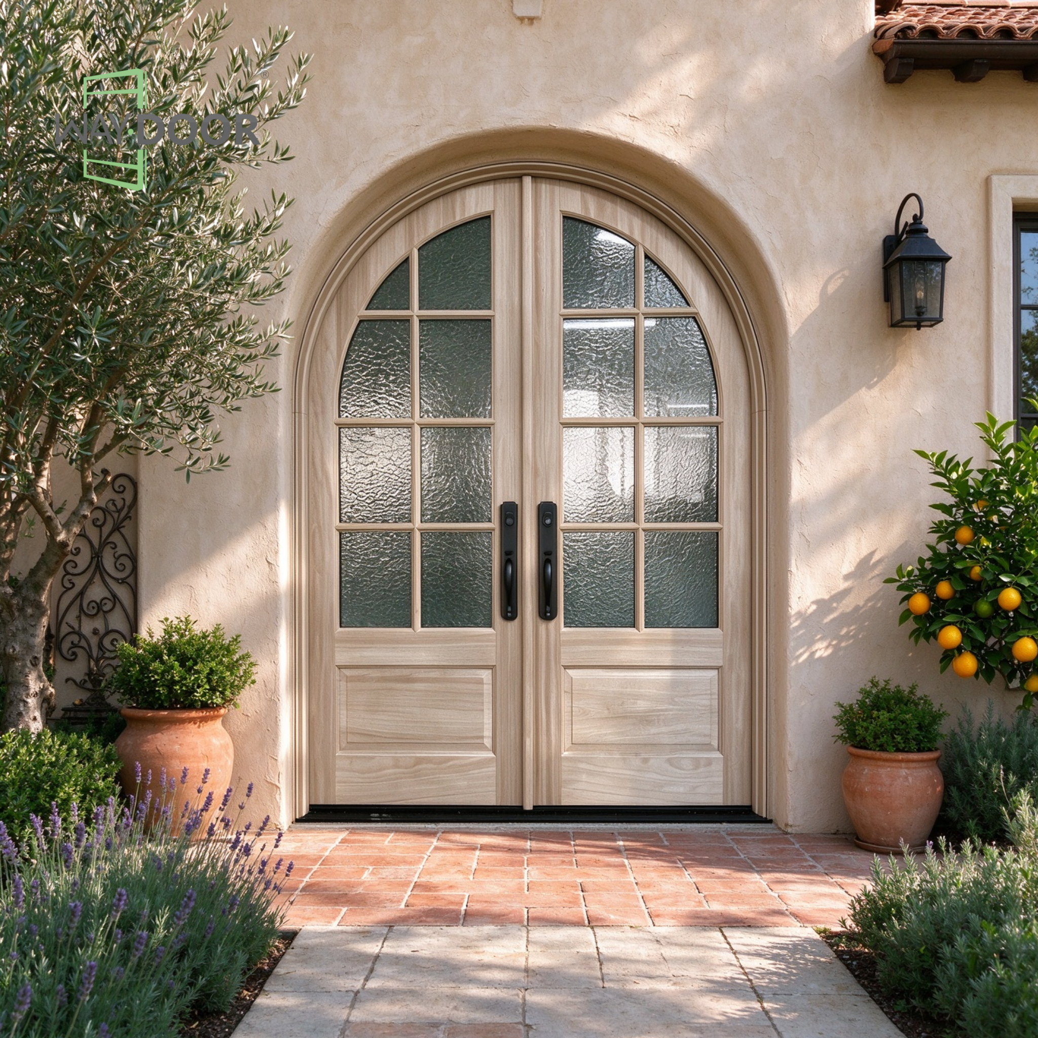 Arched French Solid Wood Double Entry Door with Patterned Glass